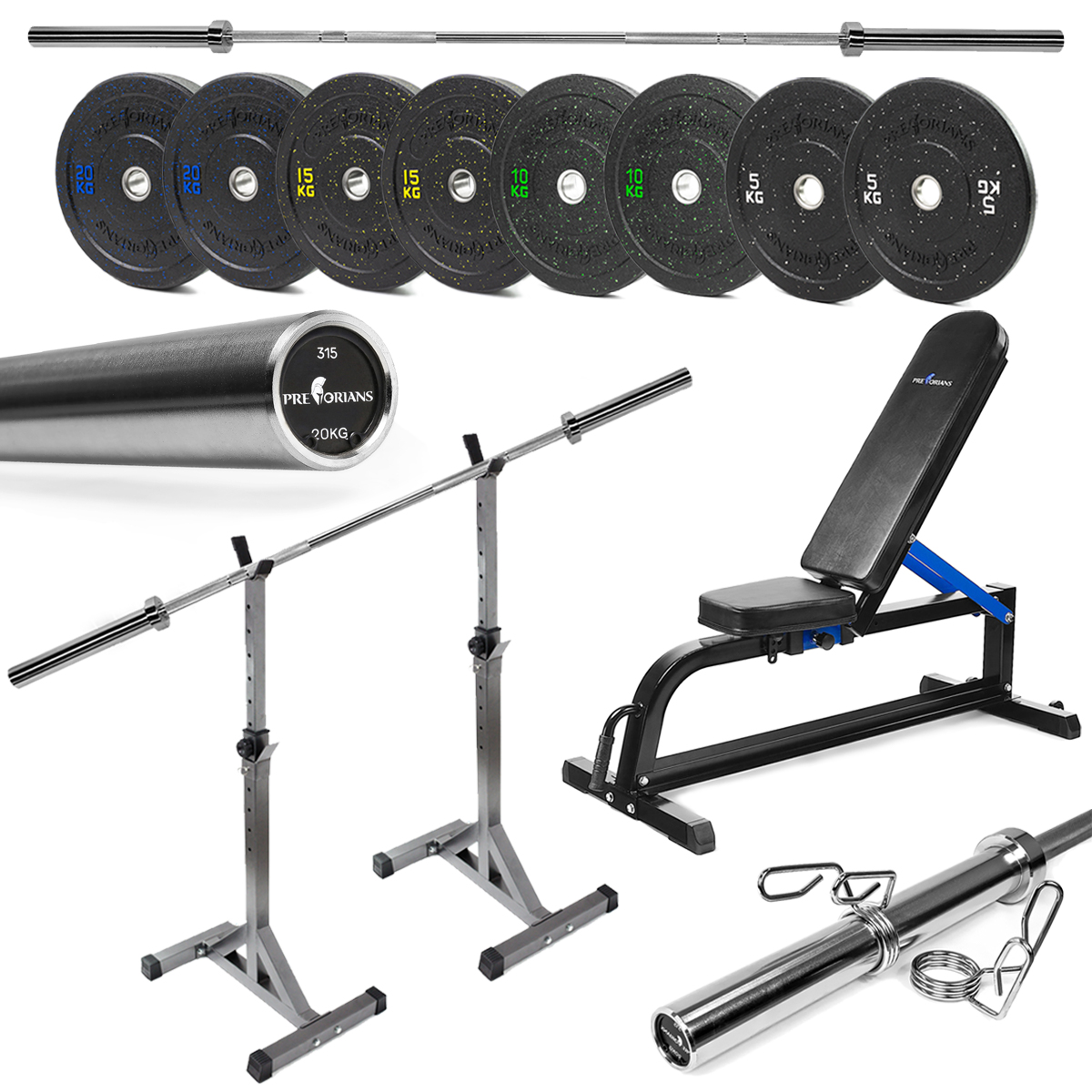 Zestaw do ćwiczeń siłowych 120kg - ławka, stojaki regulowane, sztanga / gryf olimpijski 220cm, obciążenie bumper